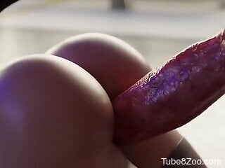 Busty anime redhead tries dog monster cock in both holes